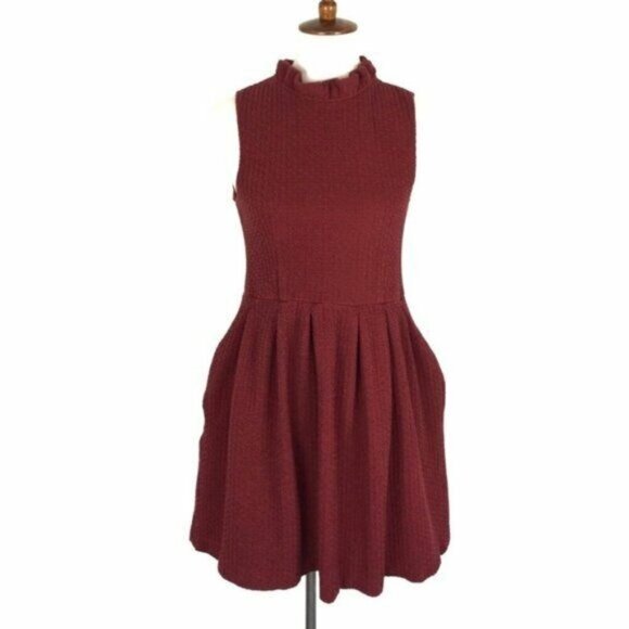 Ganni Anthropologie Maroon Mock Neck Sleeveless Fit And Flare Dress Small Trendy - Picture 1 of 8